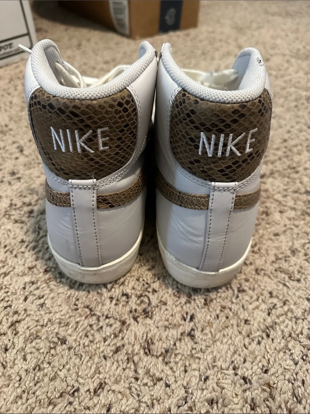 Nike Men’s size 12 White High-Top Sneakers with Brown Snake-Print Swoosh